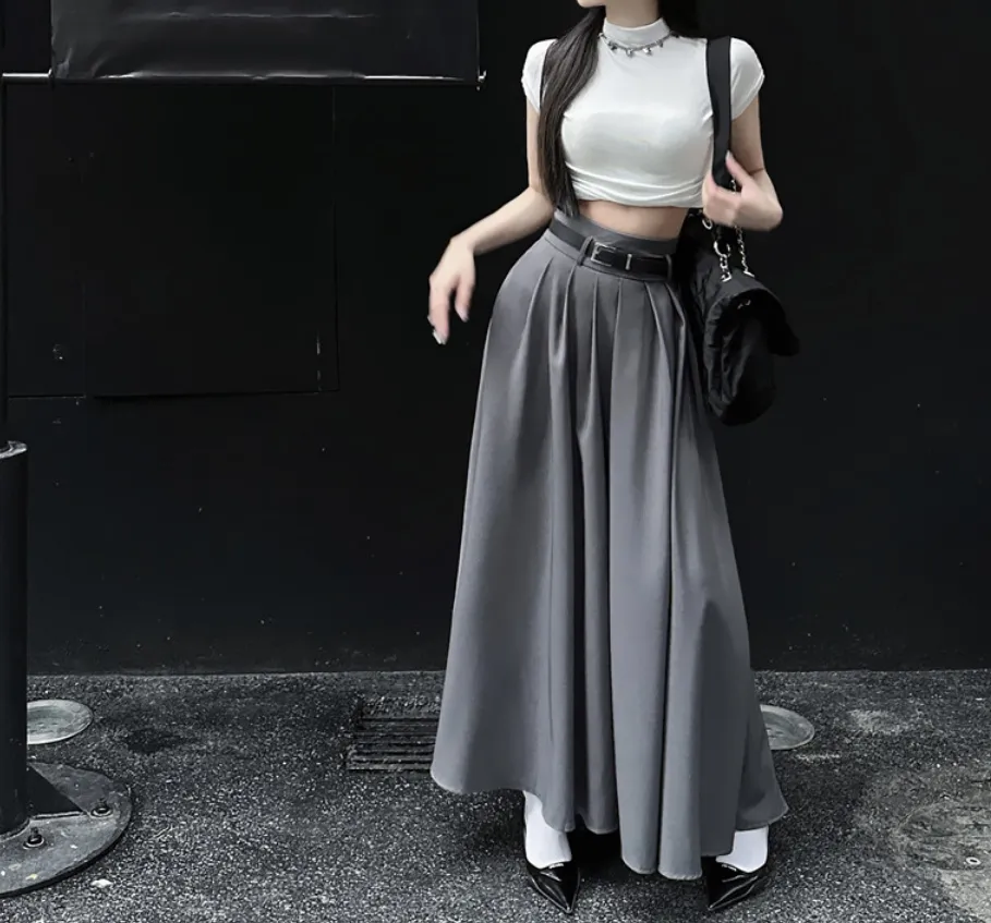 Summer High Waist Pleated A-line Long Gray Grey Pink Skirt