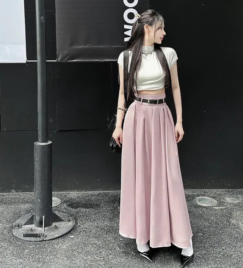 Summer High Waist Pleated A-line Long Gray Grey Pink Skirt