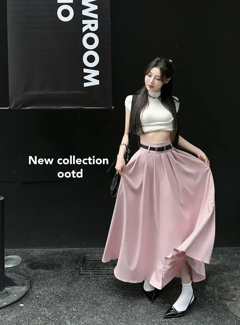 Summer High Waist Pleated A-line Long Gray Grey Pink Skirt