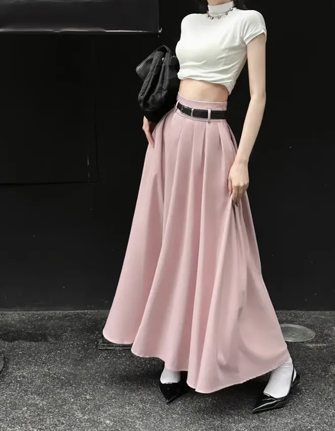 Summer High Waist Pleated A-line Long Gray Grey Pink Skirt