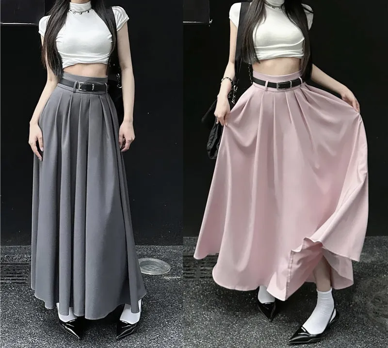 Summer High Waist Pleated A-line Long Gray Grey Pink Skirt