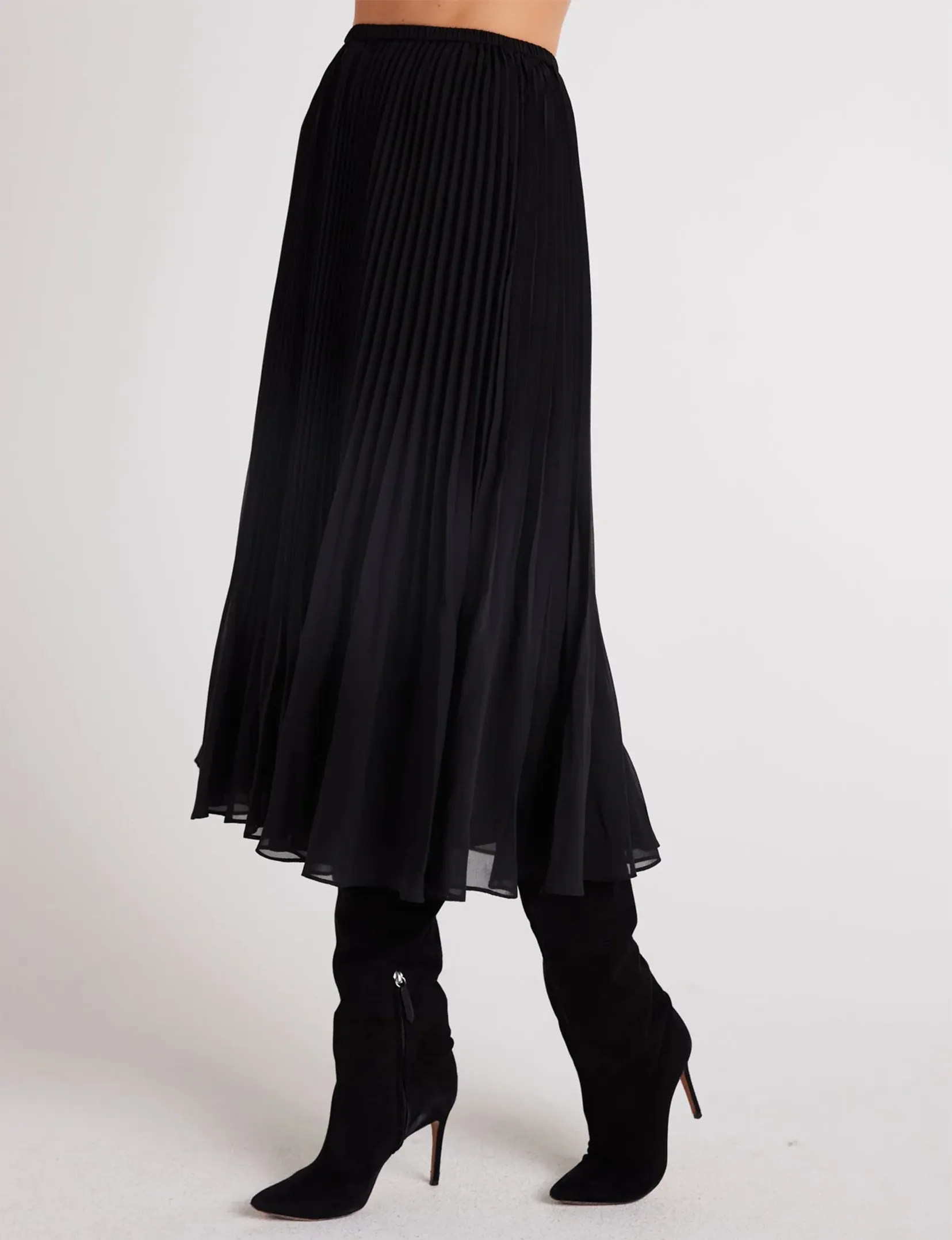 Sunburst Pleat Midi Skirt, Black