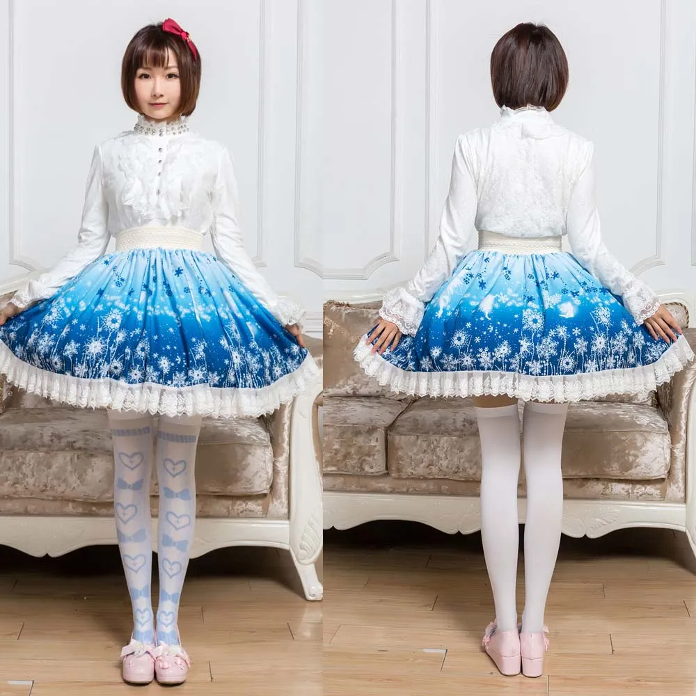 Sweet Snowflake and Flower Printed Short Skirt for Summer Cute Mori Girl Skirt