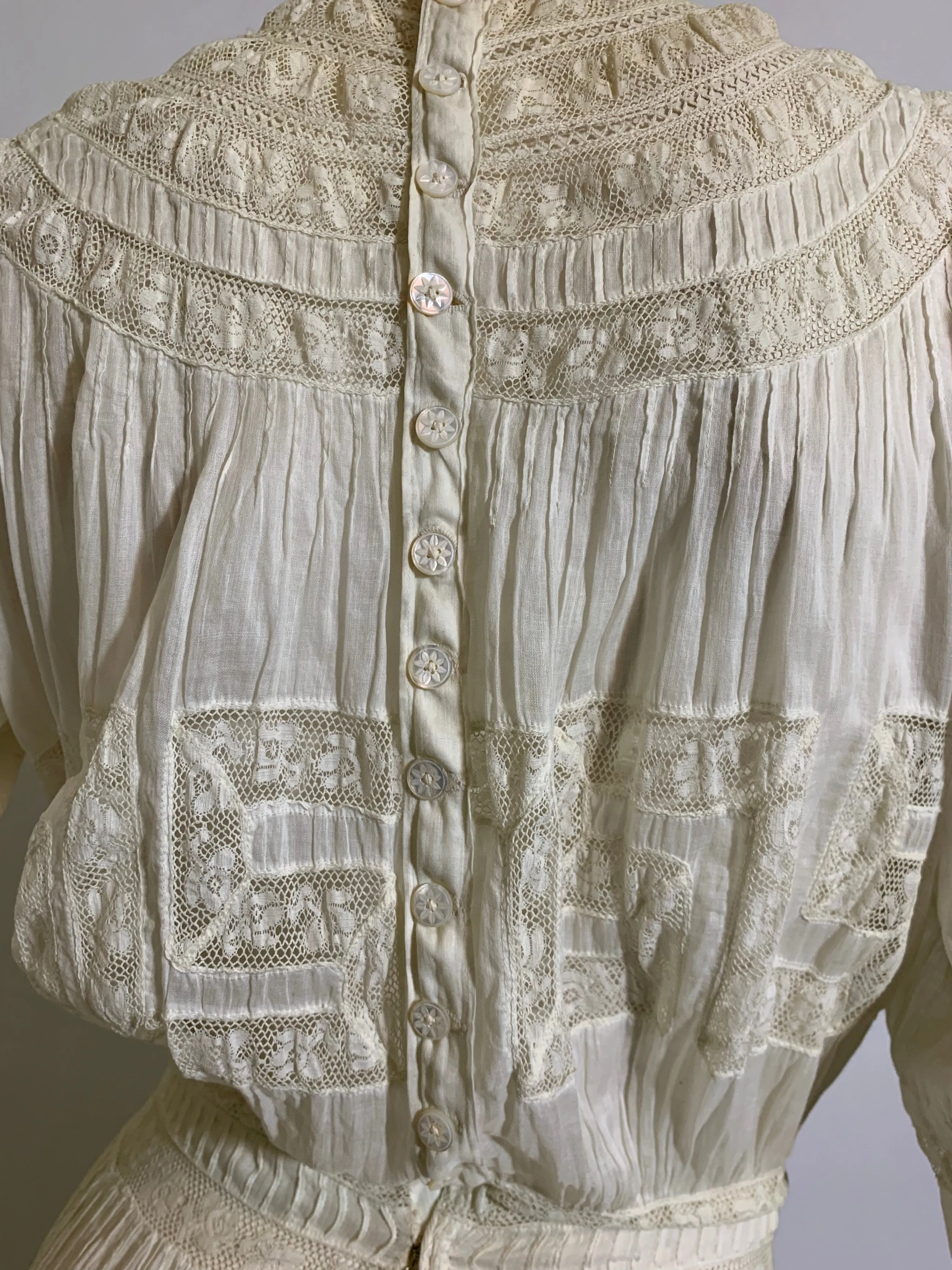 Sweet White Lawn Cotton Pin Tucked Lace Trimmed Garden Party Dress circa 1890s