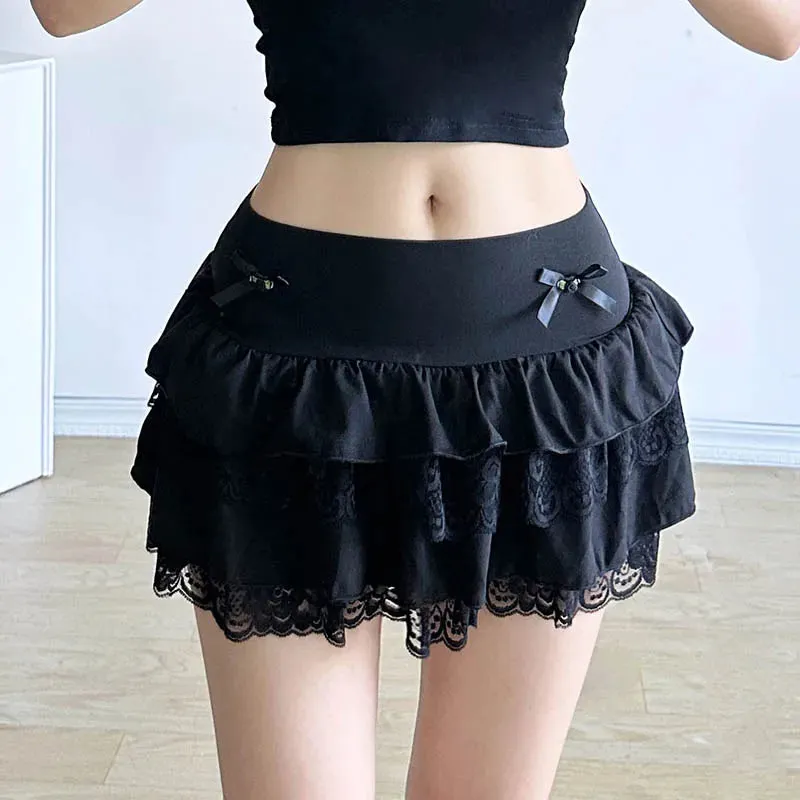 Sweet White Summer Mini Skirt Female Cute Coquette Lace Trim Folds Bow Korean Fashion Hottie Y2K Skirt Tierred A-Line