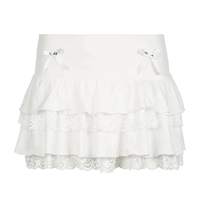 Sweet White Summer Mini Skirt Female Cute Coquette Lace Trim Folds Bow Korean Fashion Hottie Y2K Skirt Tierred A-Line