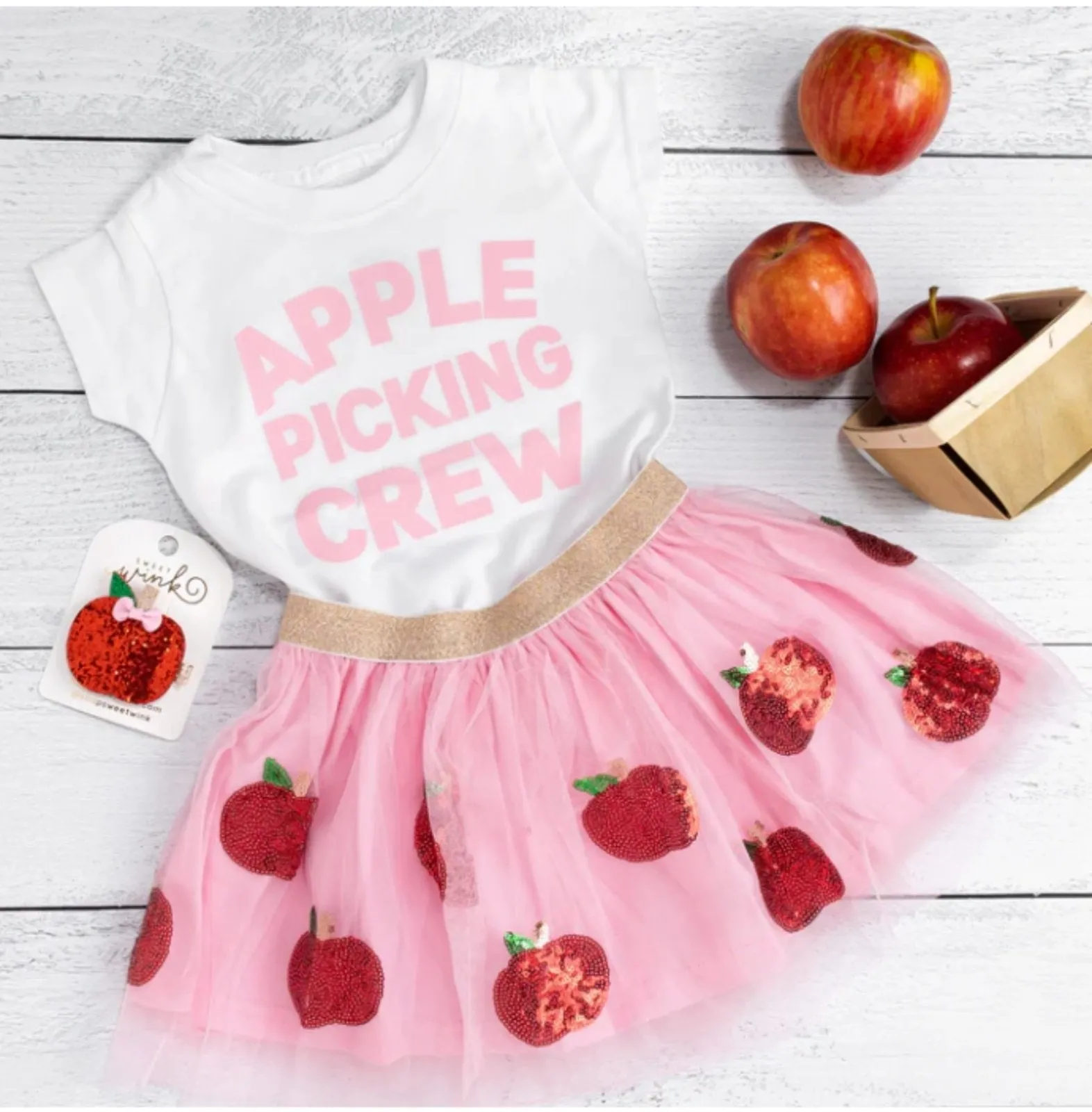 Sweet Wink White and Pink Apple Picking Crew S/S Shirt