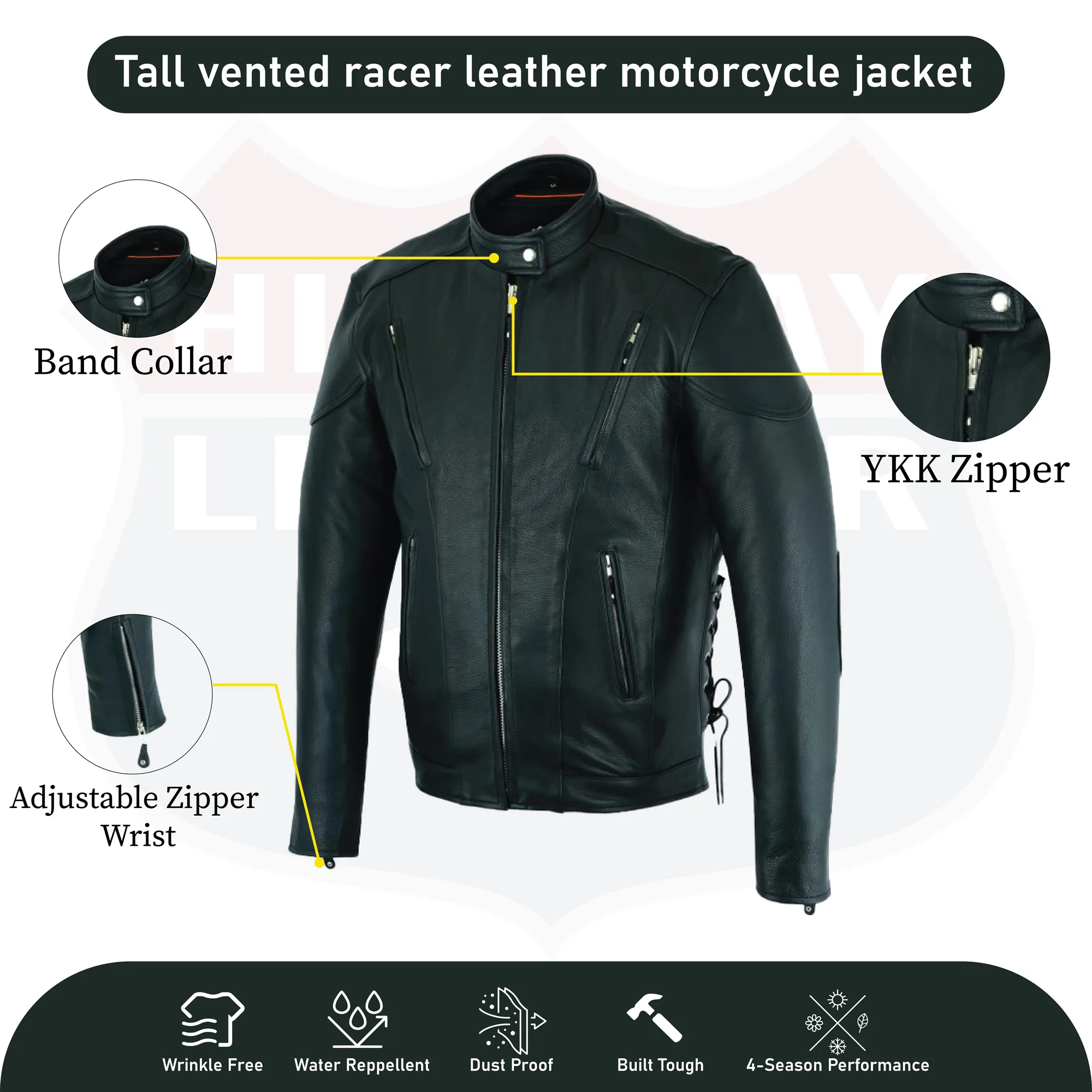 Tall vented racer leather motorcycle jacket- (longer sleeve & back   length)