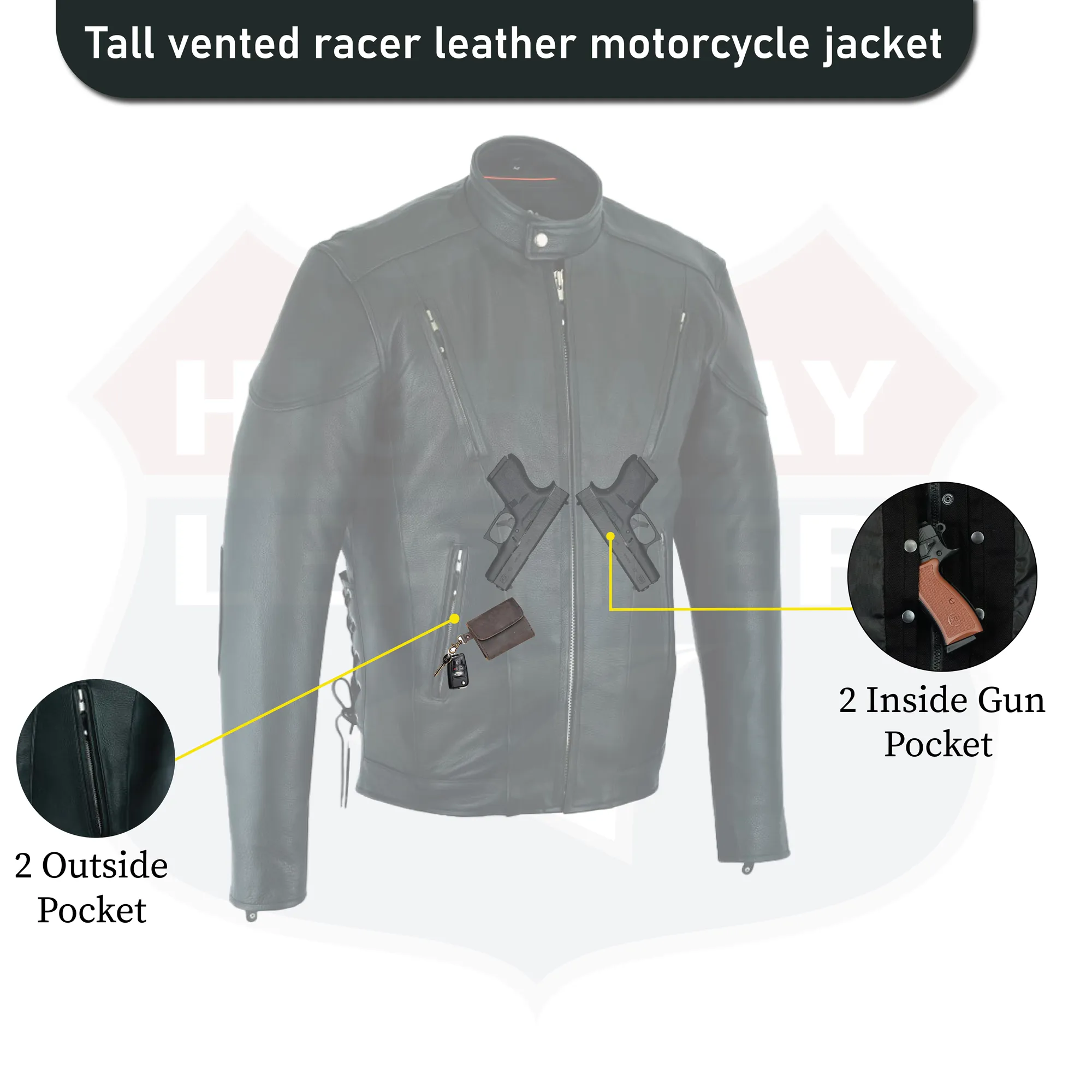 Tall vented racer leather motorcycle jacket- (longer sleeve & back   length)