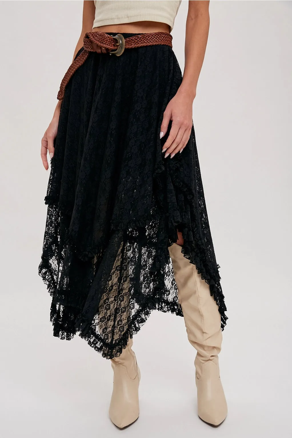 The Nova Lace Tiered Midi Skirt - Black