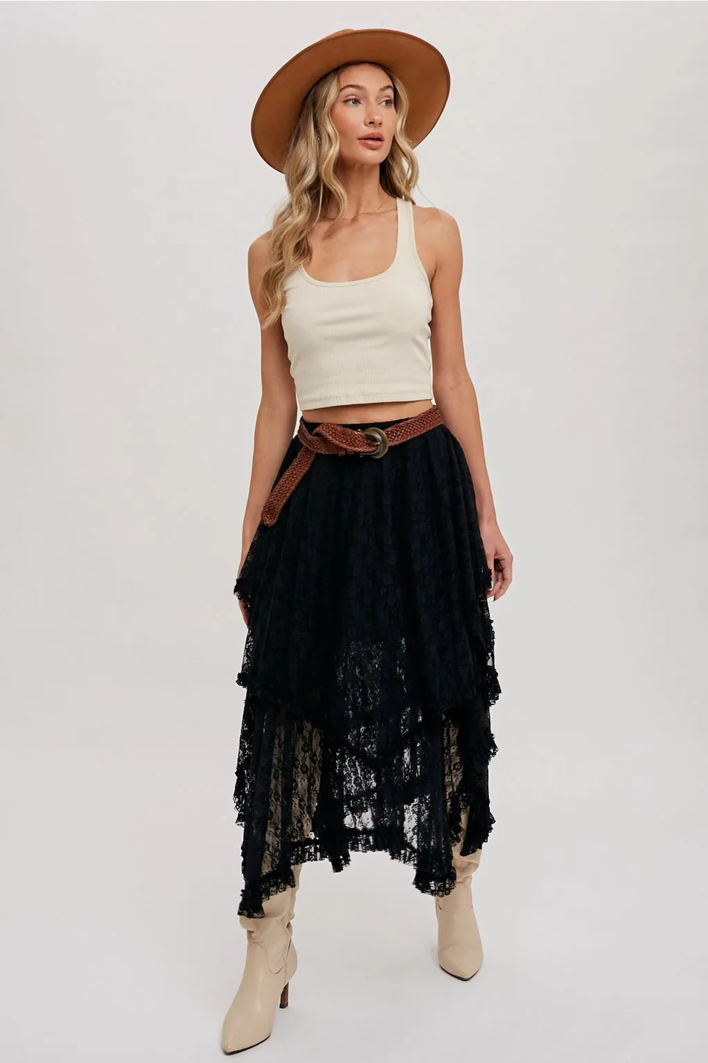 The Nova Lace Tiered Midi Skirt - Black