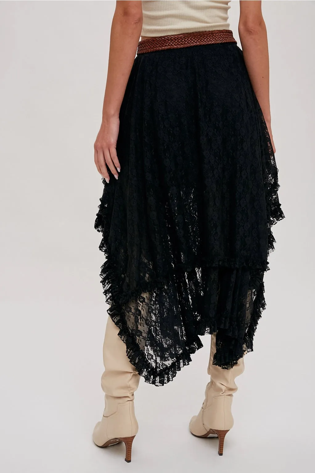 The Nova Lace Tiered Midi Skirt - Black