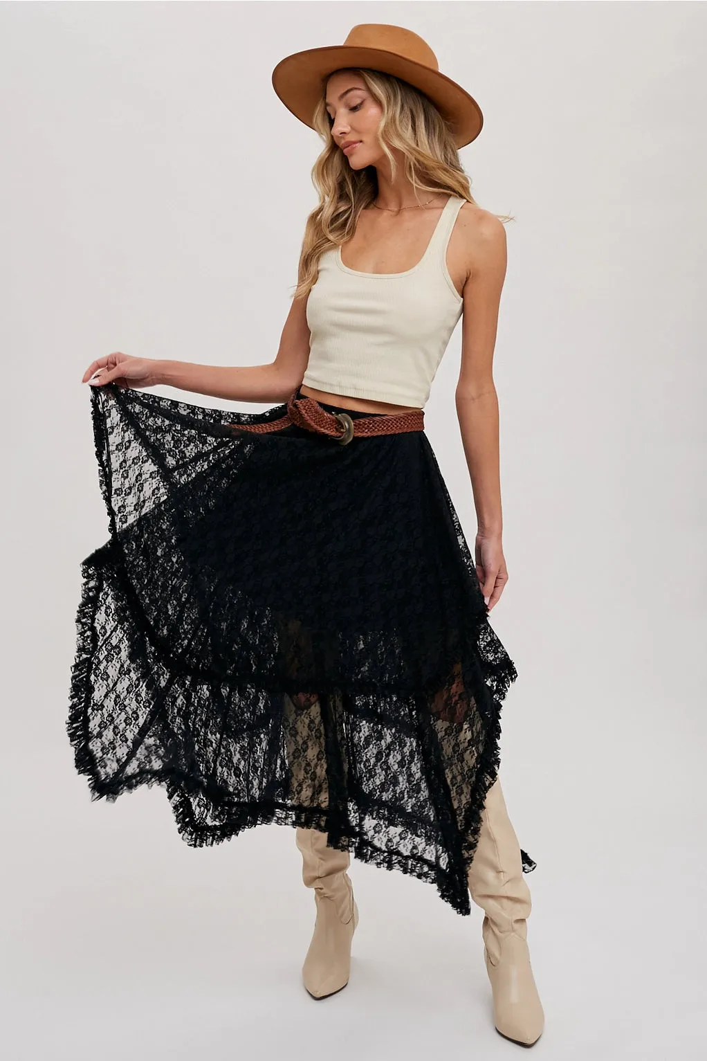 The Nova Lace Tiered Midi Skirt - Black