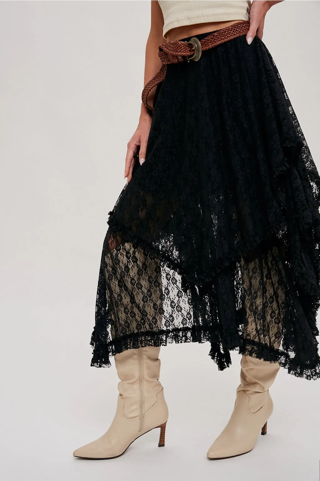 The Nova Lace Tiered Midi Skirt - Black