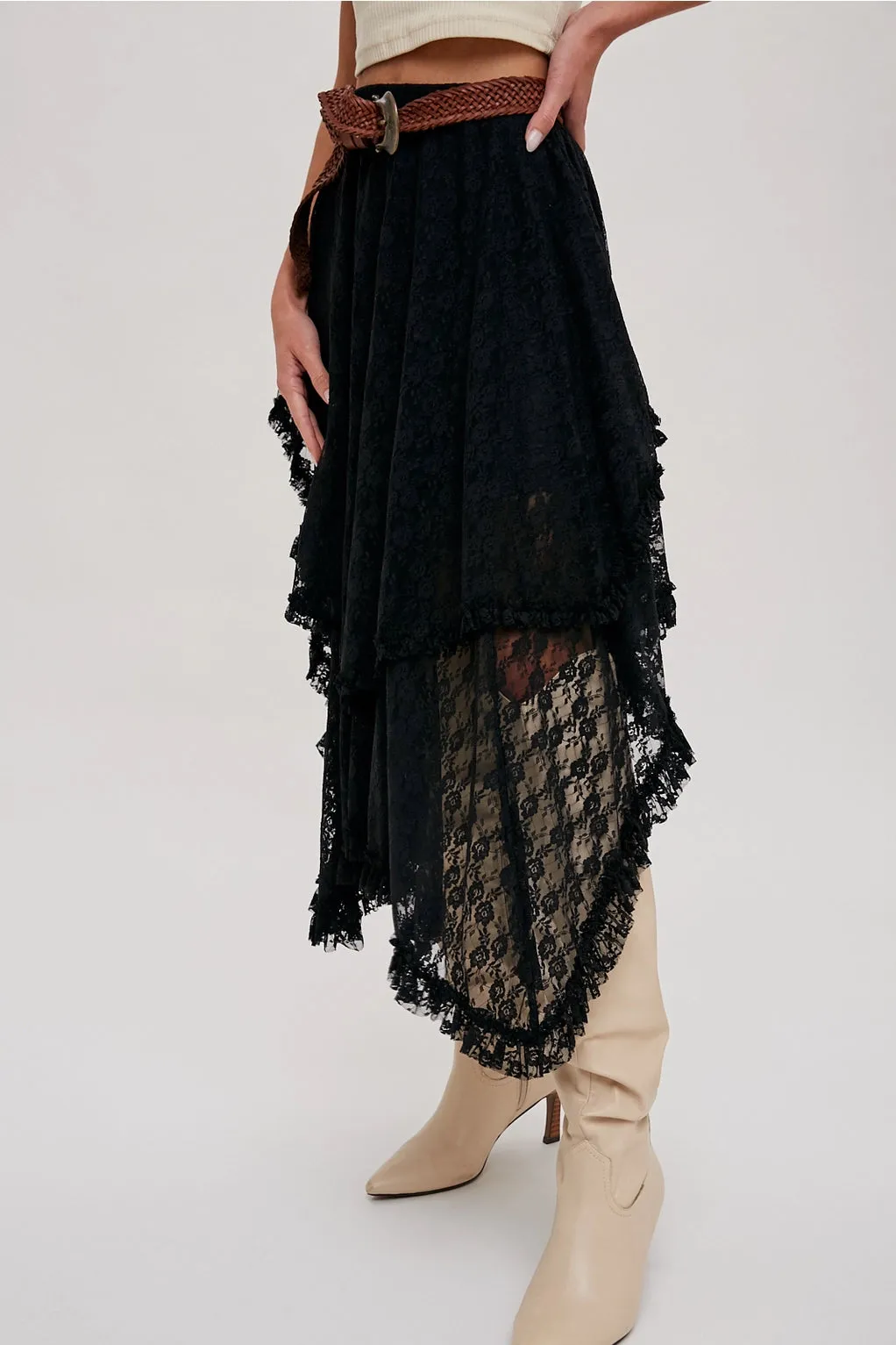 The Nova Lace Tiered Midi Skirt - Black