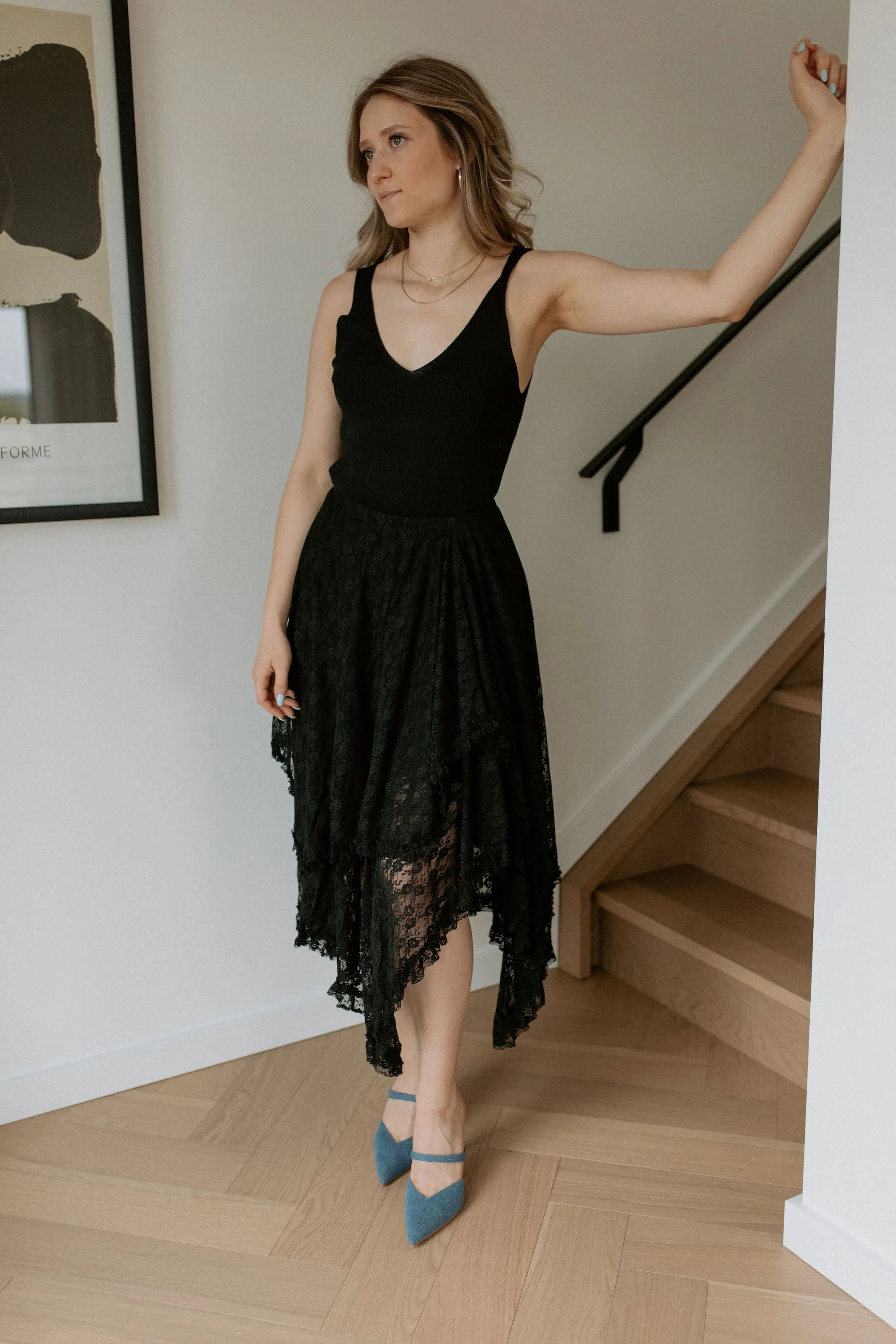 The Nova Lace Tiered Midi Skirt - Black