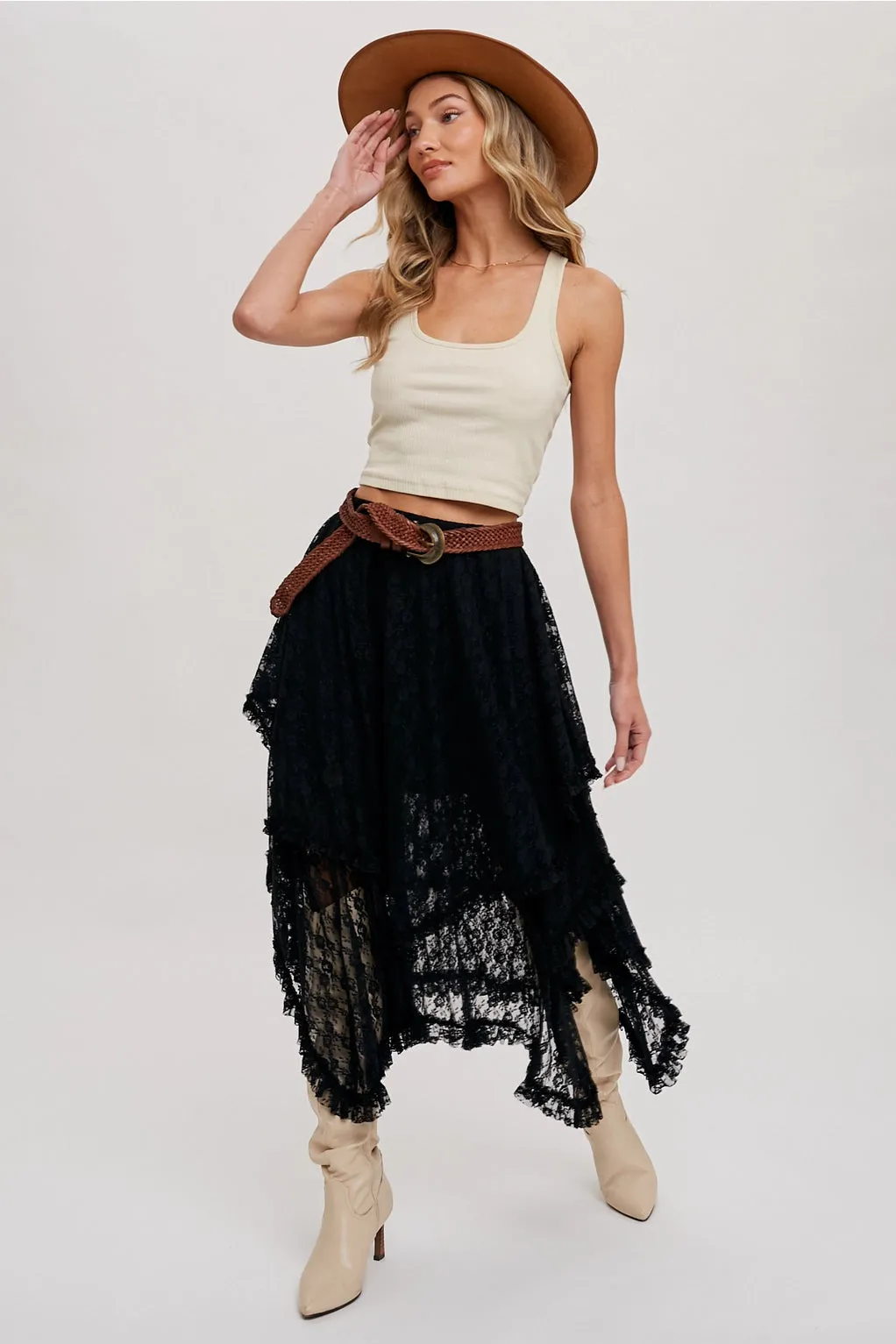 The Nova Lace Tiered Midi Skirt - Black