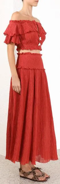 'Veneto' Off-the-Shoulder Draw Top and Shirred-Waist Skirt Set