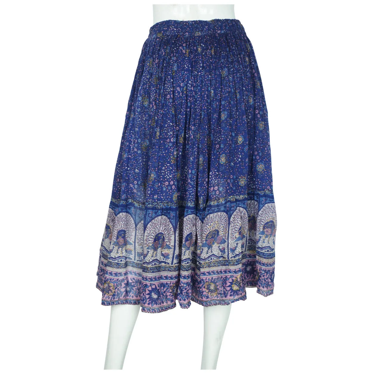 Vintage 1970s Ritu Indian Skirt Block Printed Peacock Pattern Blue Gauze Cotton