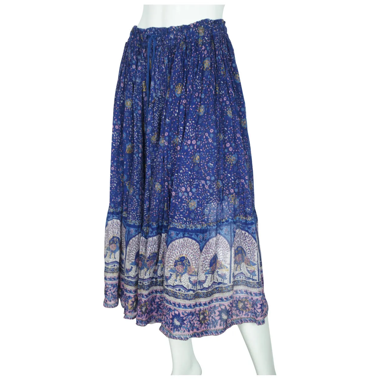 Vintage 1970s Ritu Indian Skirt Block Printed Peacock Pattern Blue Gauze Cotton