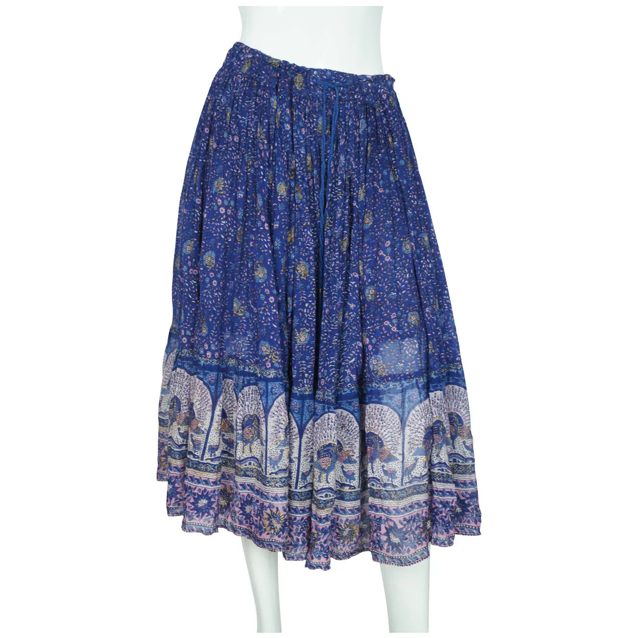 Vintage 1970s Ritu Indian Skirt Block Printed Peacock Pattern Blue Gauze Cotton