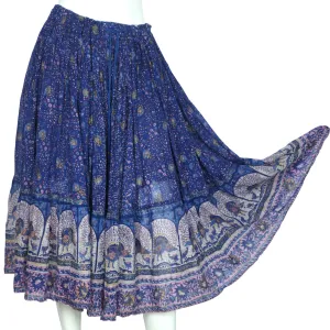 Vintage 1970s Ritu Indian Skirt Block Printed Peacock Pattern Blue Gauze Cotton