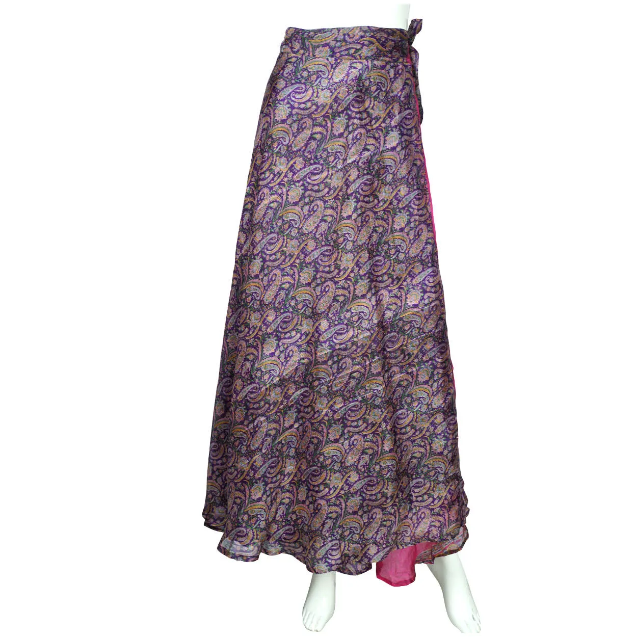 Vintage 1980s Indian Silk Wraparound Skirt Purple Paisley Print M L