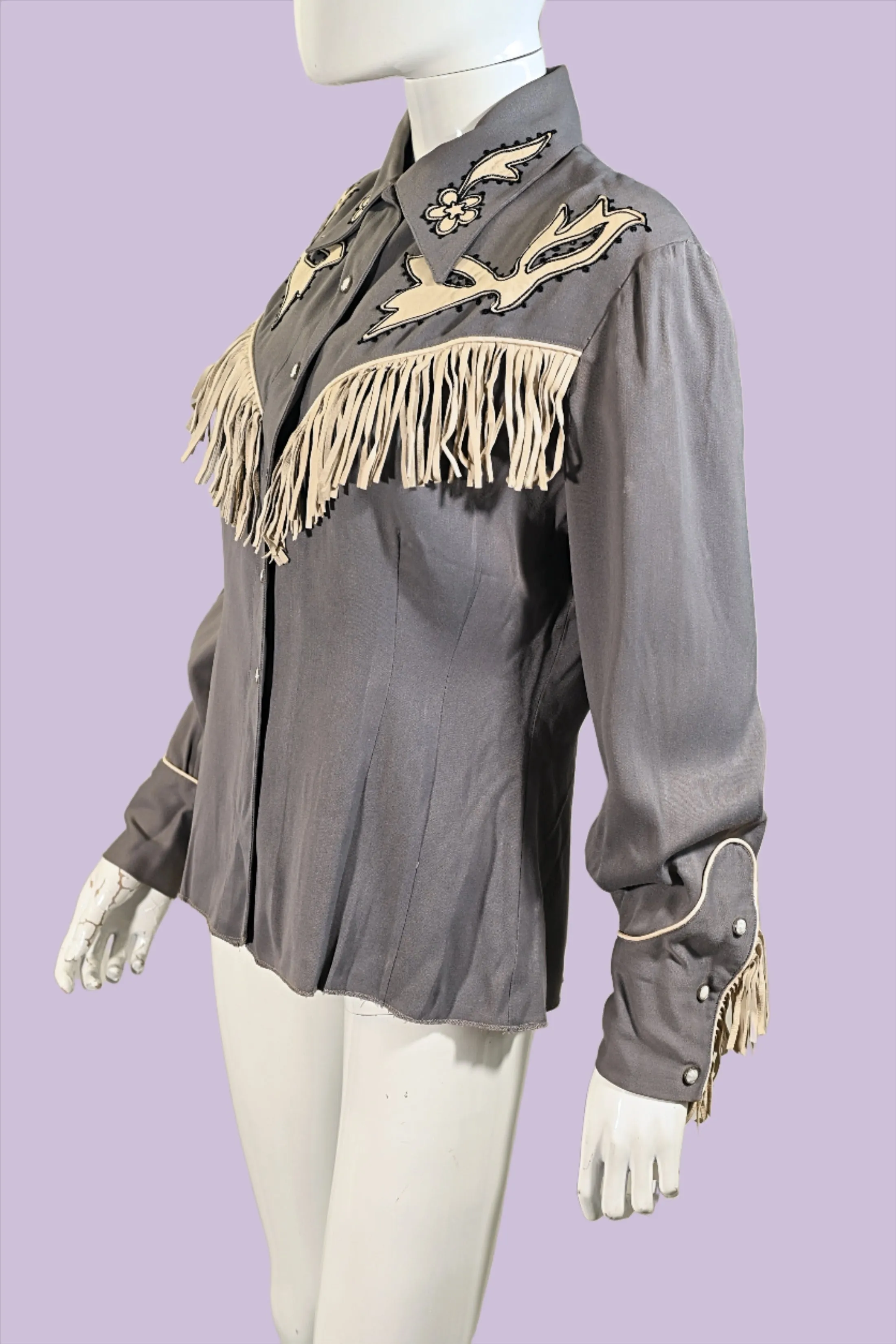 Vintage 40s Gray Wool & Leather Fringe Western Shirt, Women's Southwestern Rockabilly Cowgirl Blouse