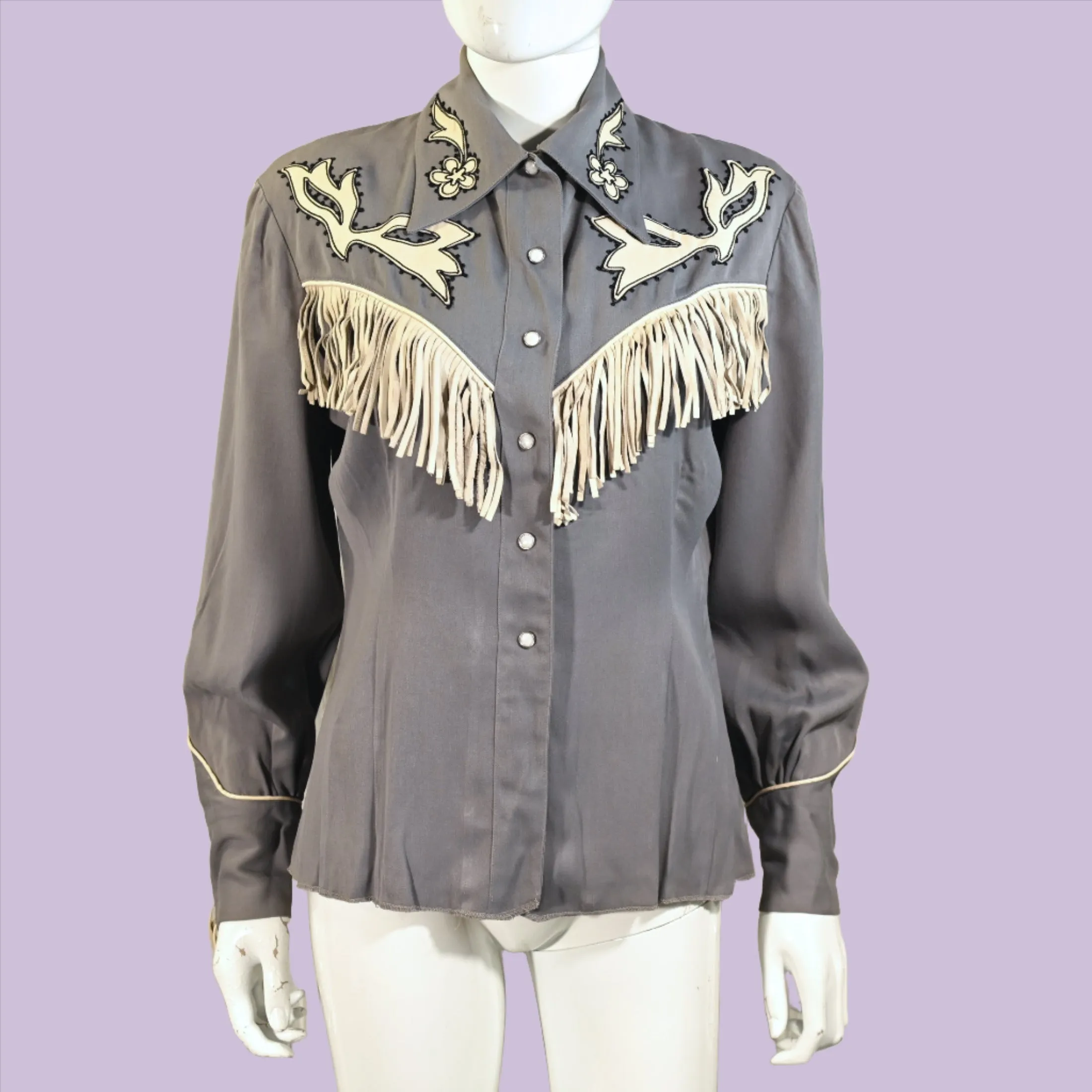 Vintage 40s Gray Wool & Leather Fringe Western Shirt, Women's Southwestern Rockabilly Cowgirl Blouse