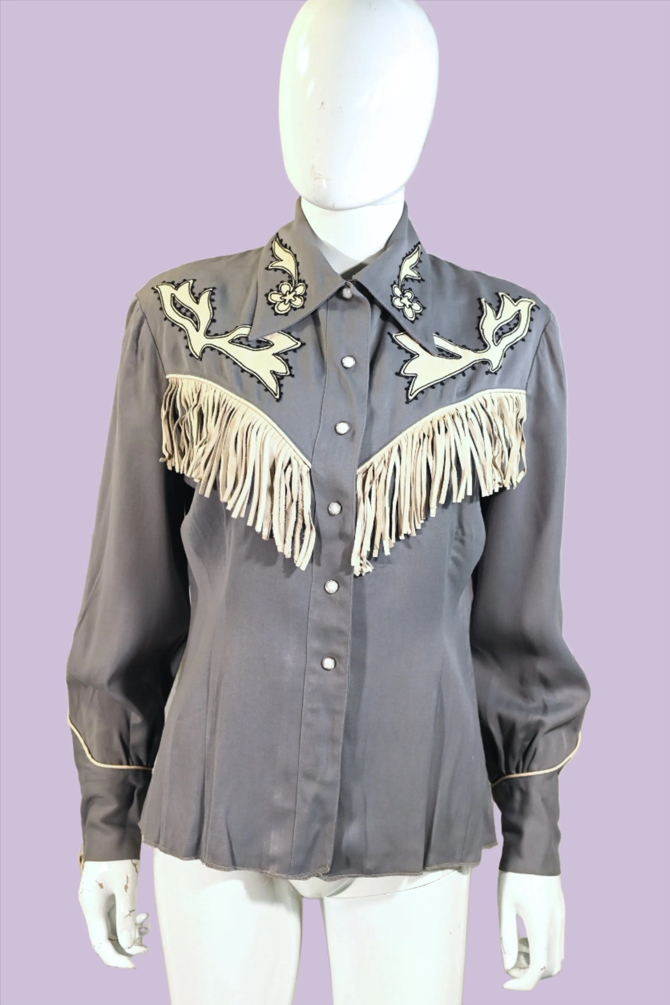 Vintage 40s Gray Wool & Leather Fringe Western Shirt, Women's Southwestern Rockabilly Cowgirl Blouse