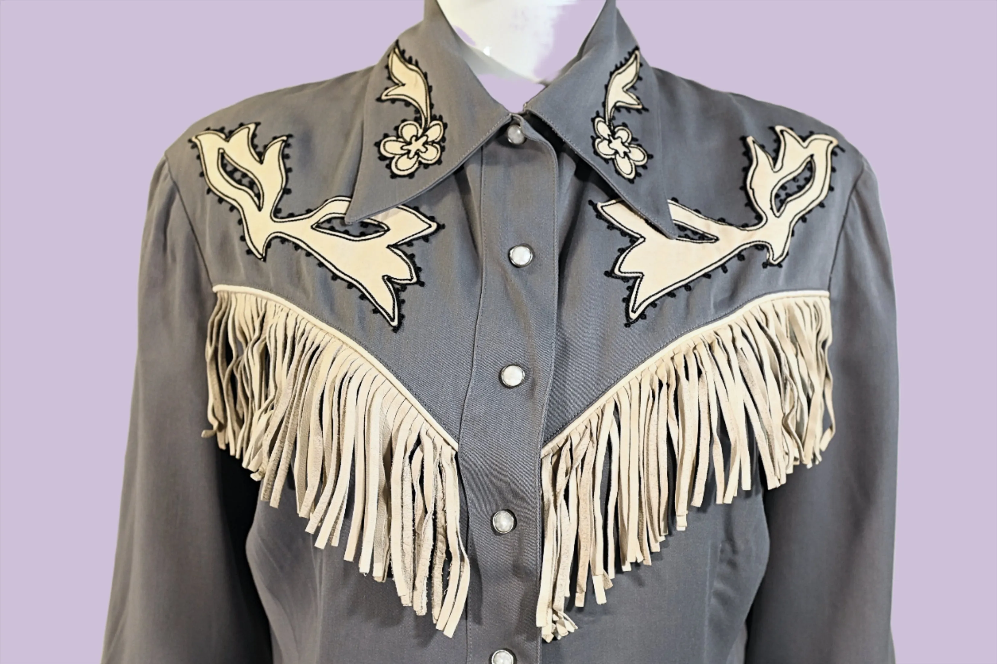 Vintage 40s Gray Wool & Leather Fringe Western Shirt, Women's Southwestern Rockabilly Cowgirl Blouse