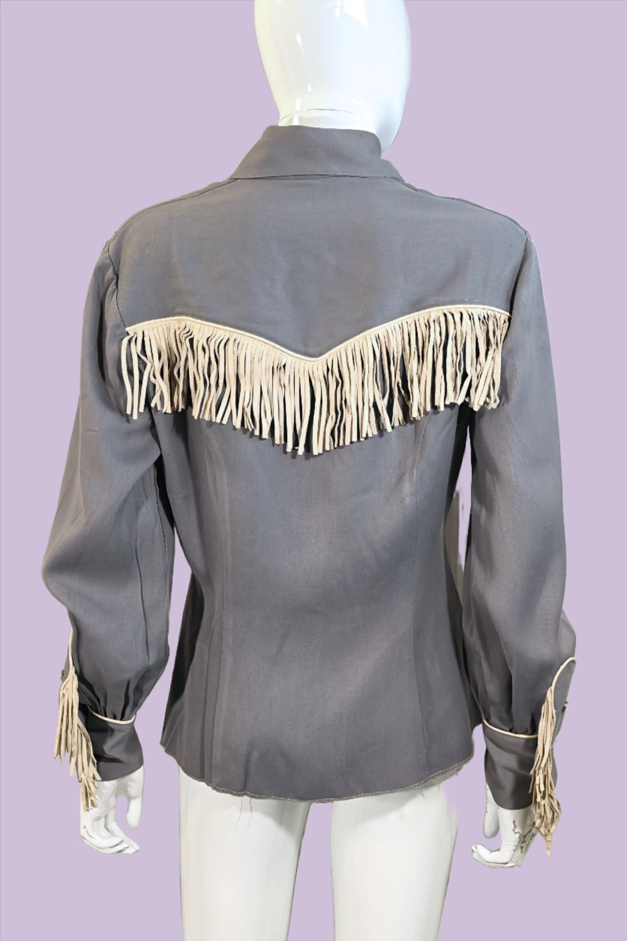 Vintage 40s Gray Wool & Leather Fringe Western Shirt, Women's Southwestern Rockabilly Cowgirl Blouse