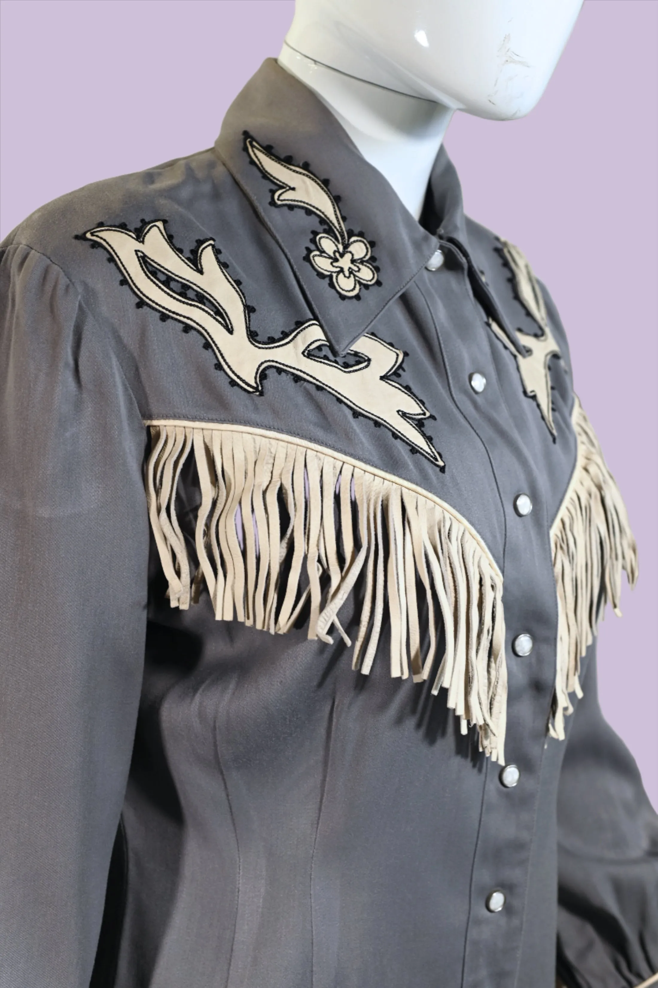 Vintage 40s Gray Wool & Leather Fringe Western Shirt, Women's Southwestern Rockabilly Cowgirl Blouse