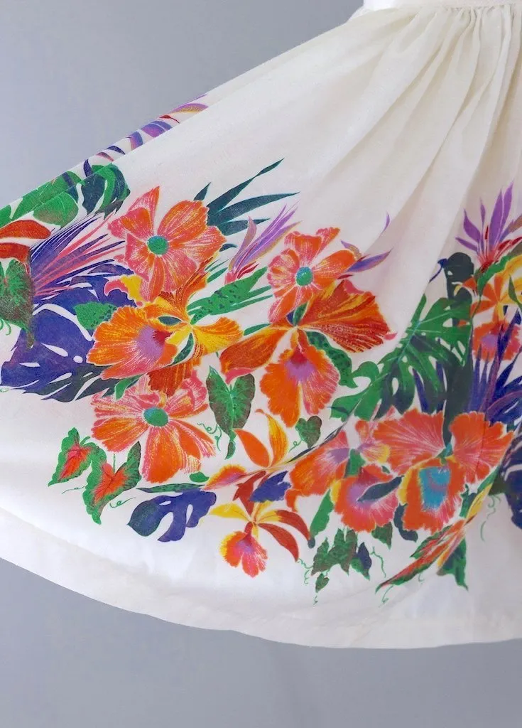 Vintage White Hawaiian Floral Print Full Skirt