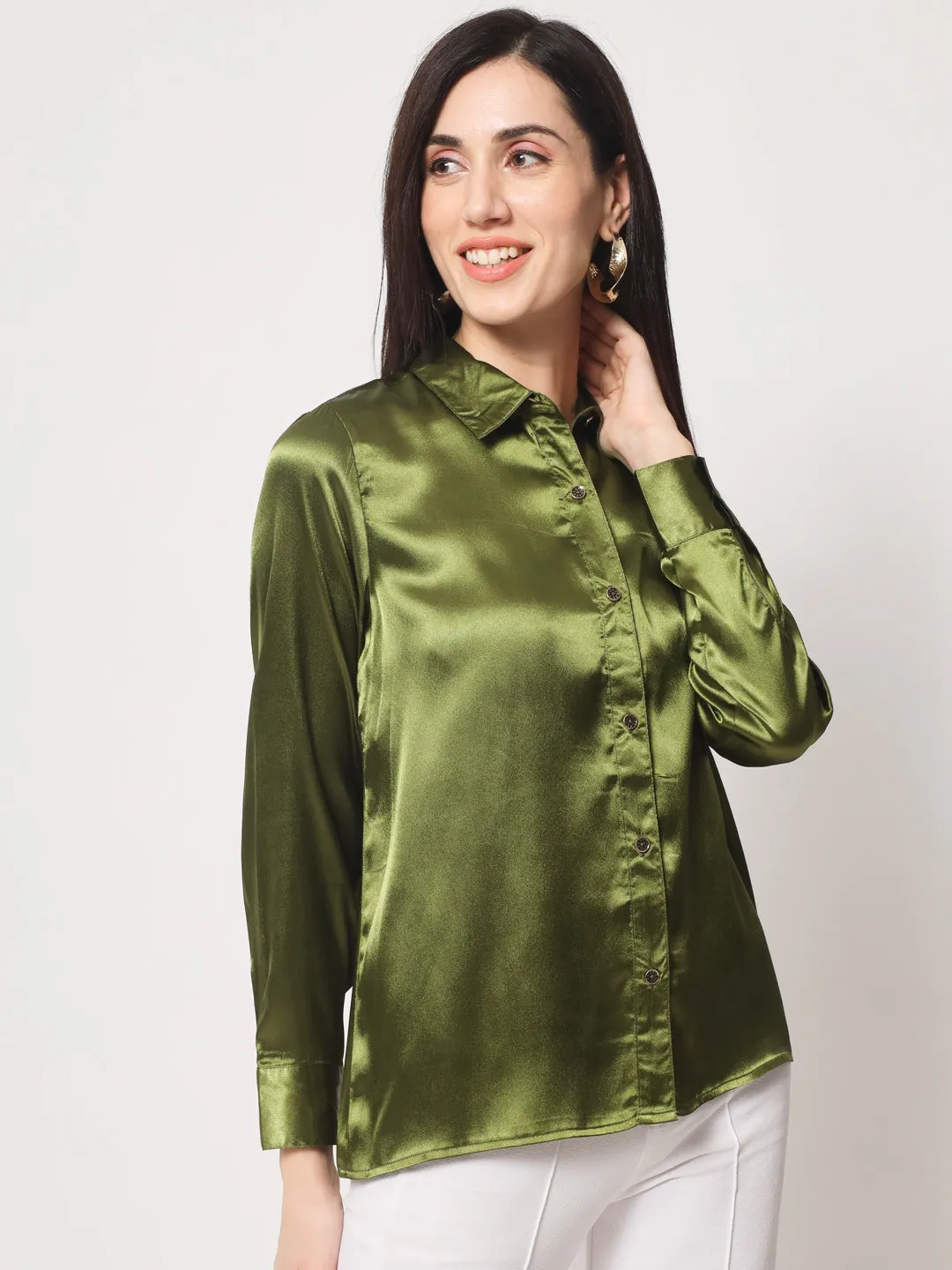 Women Olive Green Classic Slim Fit Casual Shirt