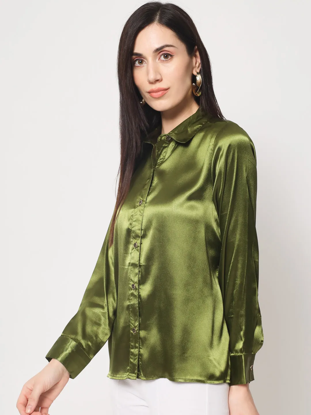 Women Olive Green Classic Slim Fit Casual Shirt