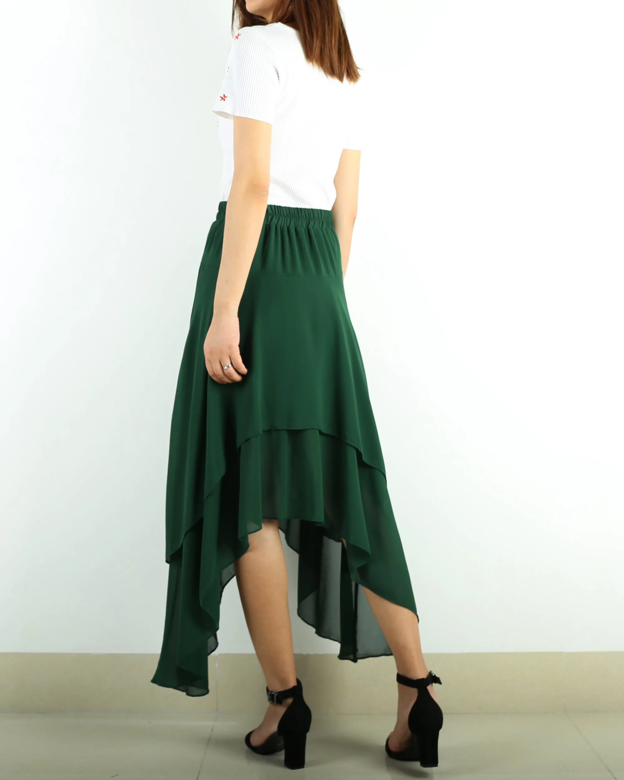 Women's elastic waist skirt, asymmetrical skirt, chiffon skirt, customized summer skirt(Q1004)