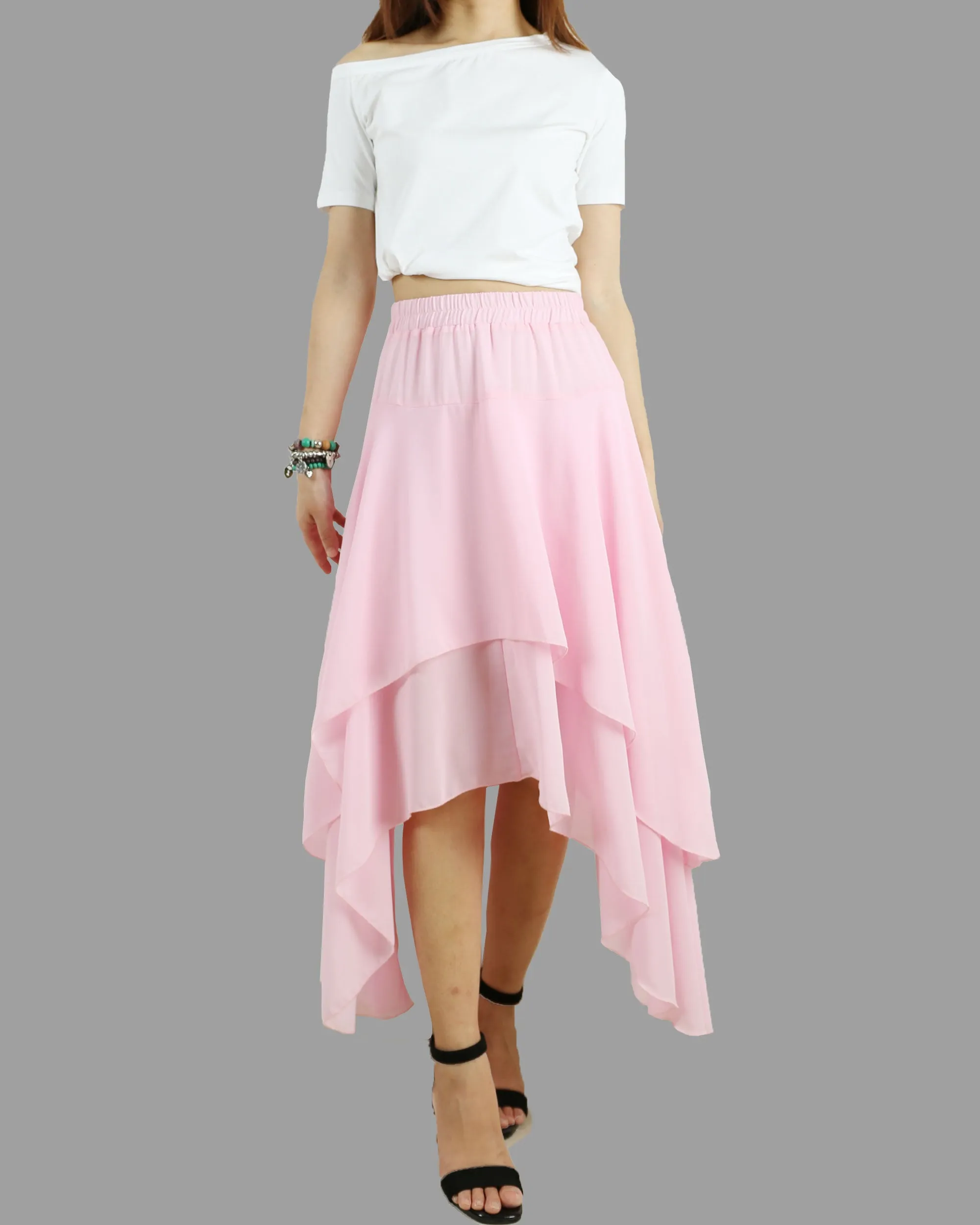 Women's elastic waist skirt, asymmetrical skirt, chiffon skirt, customized summer skirt(Q1004)