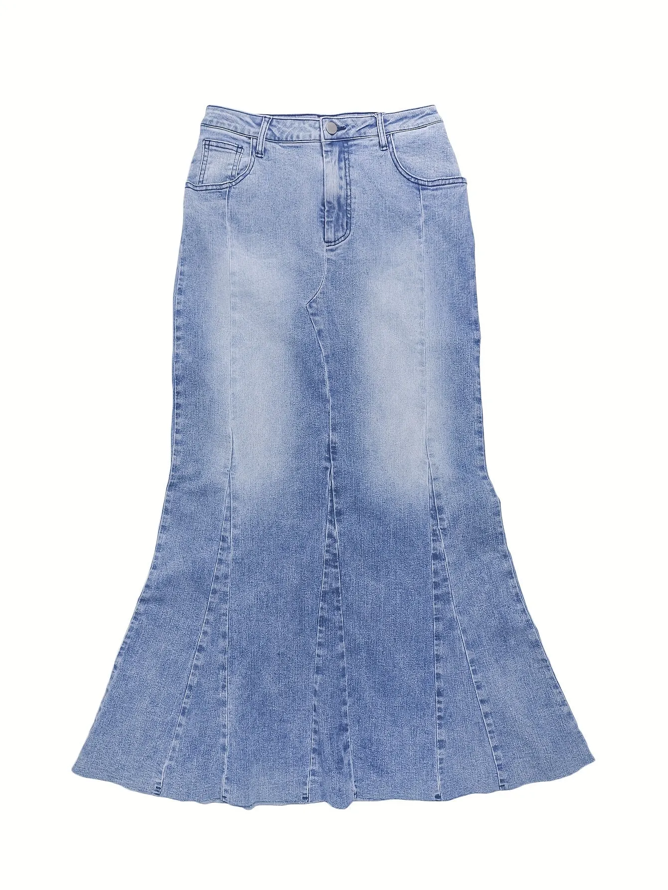 Women's Street Style Denim Maxi Skirt With Frayed Hem, Chain And Button Details, Casual Jean Fashion For Fall