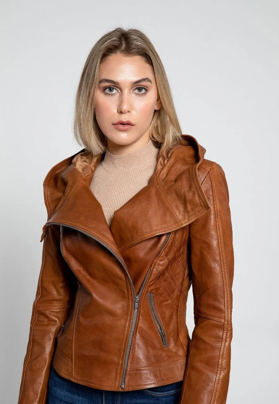 Women's Tan Brown Leather Hooded Biker Jacket