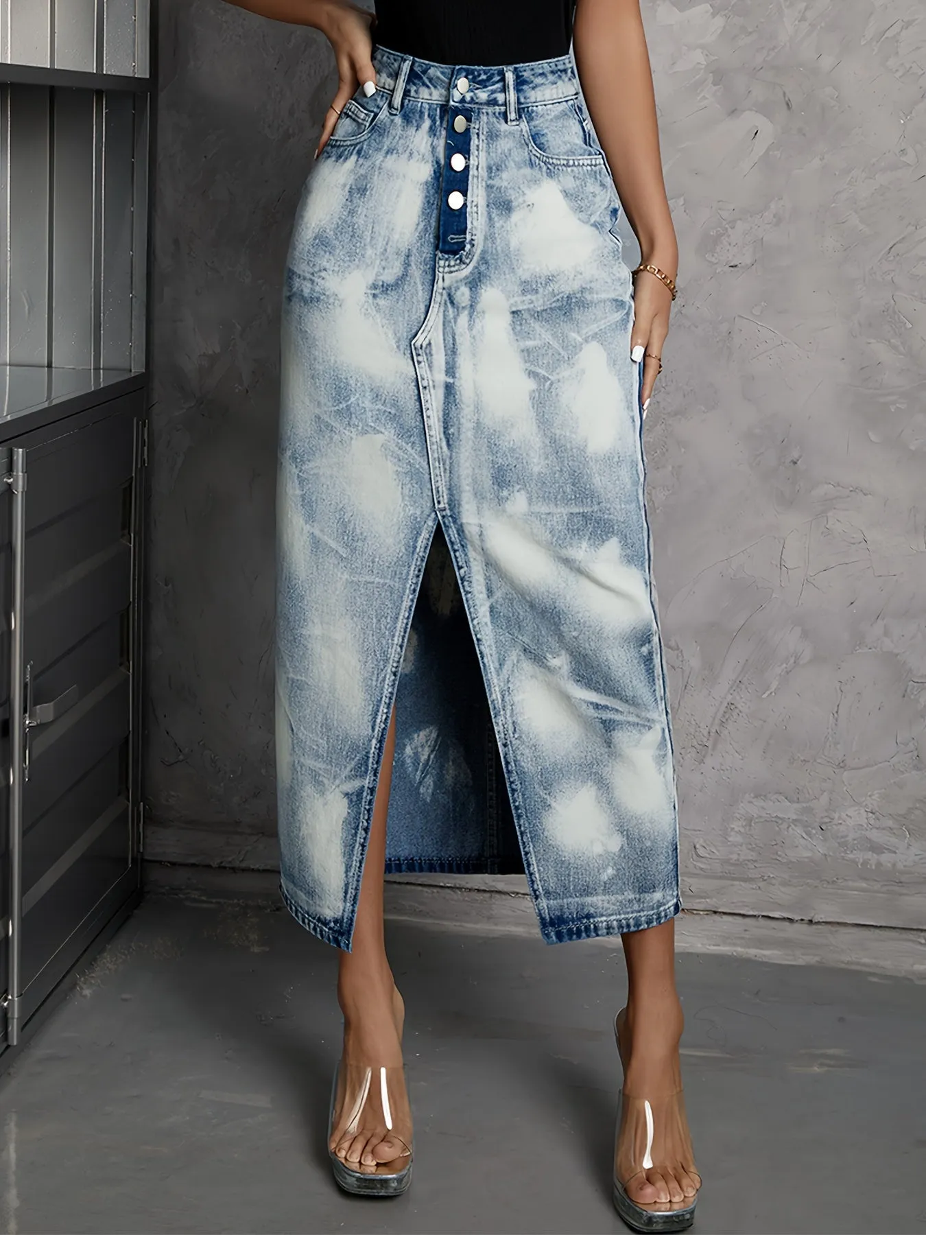 Women's Washed Denim Midi Skirt, Vintage Style, High-Waist with Button Front and Slit, Casual Summer Fashion