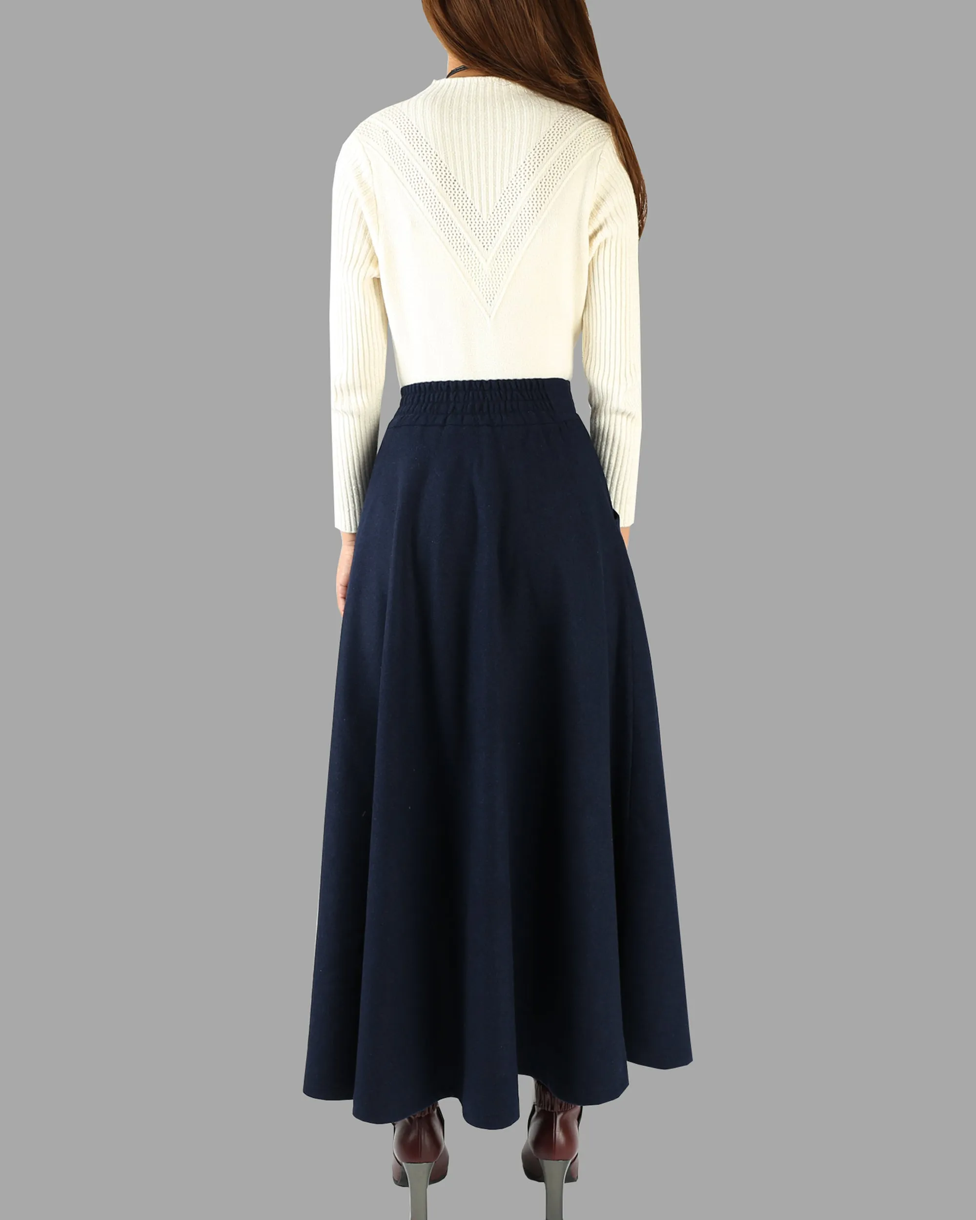 Wool skirt/Maxi skirt/winter skirt/a-line skirt/pleated skirt/dark blue skirt/elastic waist skirt/skirt with pockets A05