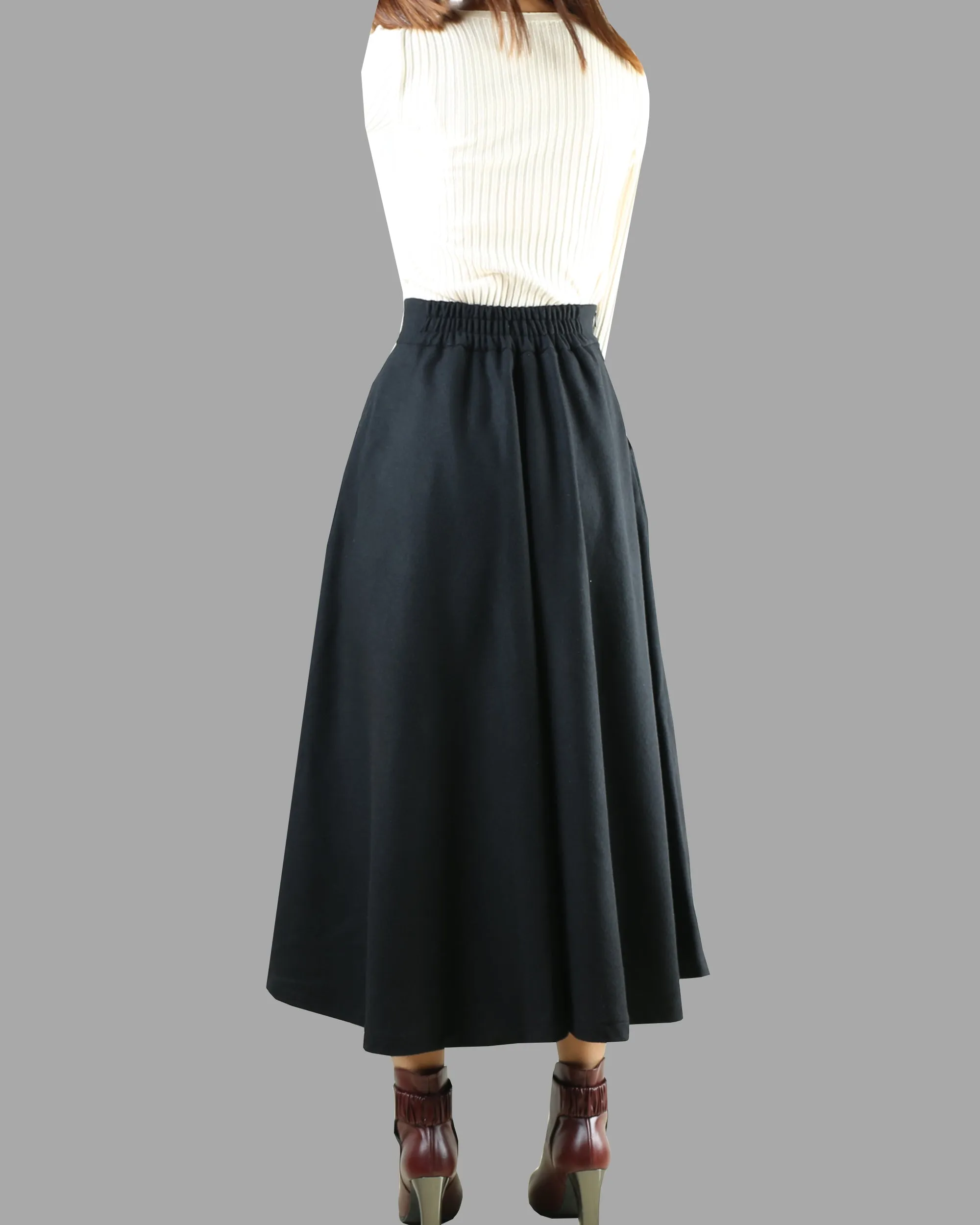 Wool skirt/Maxi skirt/winter skirt/a-line skirt/pleated skirt/dark blue skirt/elastic waist skirt/skirt with pockets A05