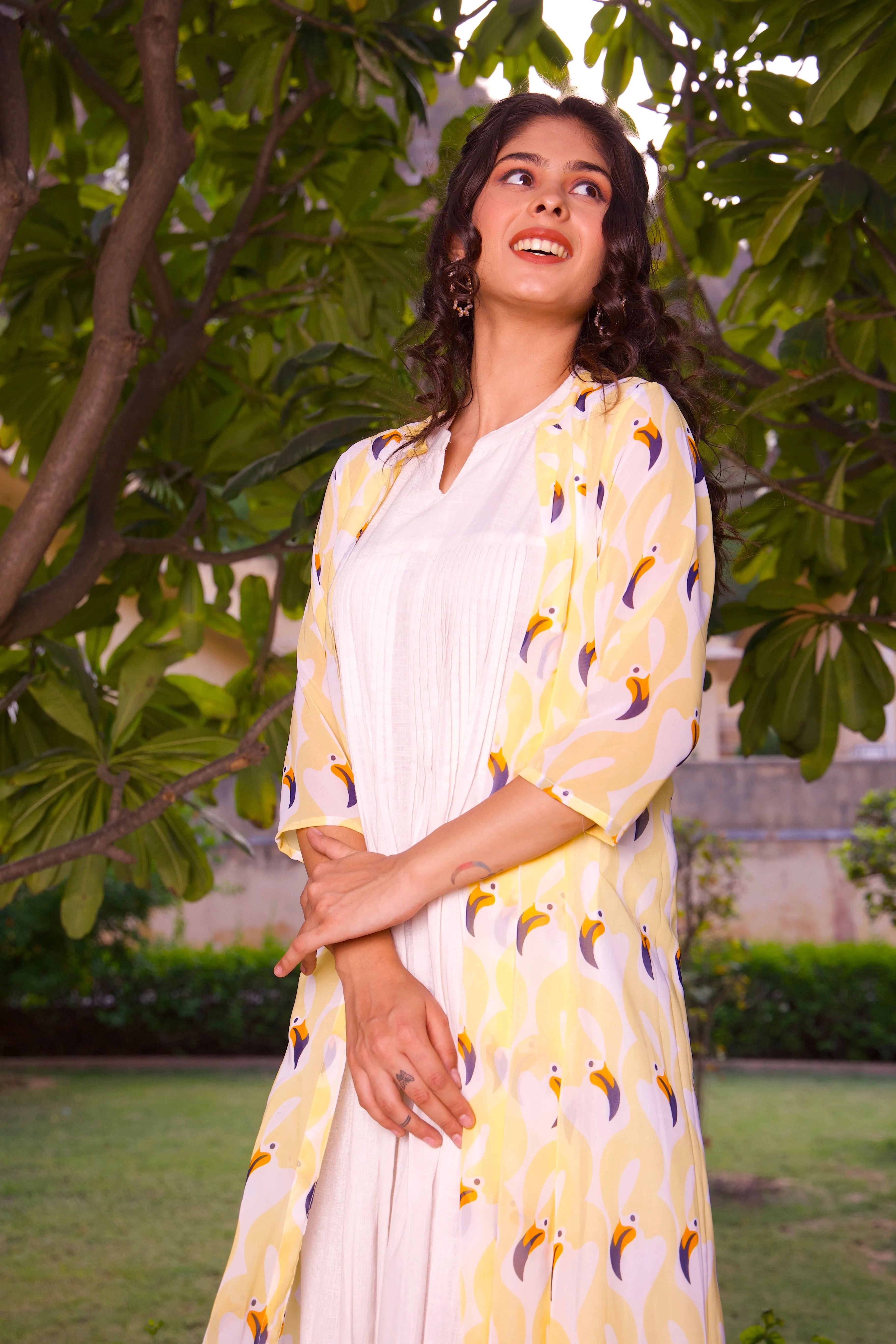 Yellow Printed Jacket And Maxi Dress