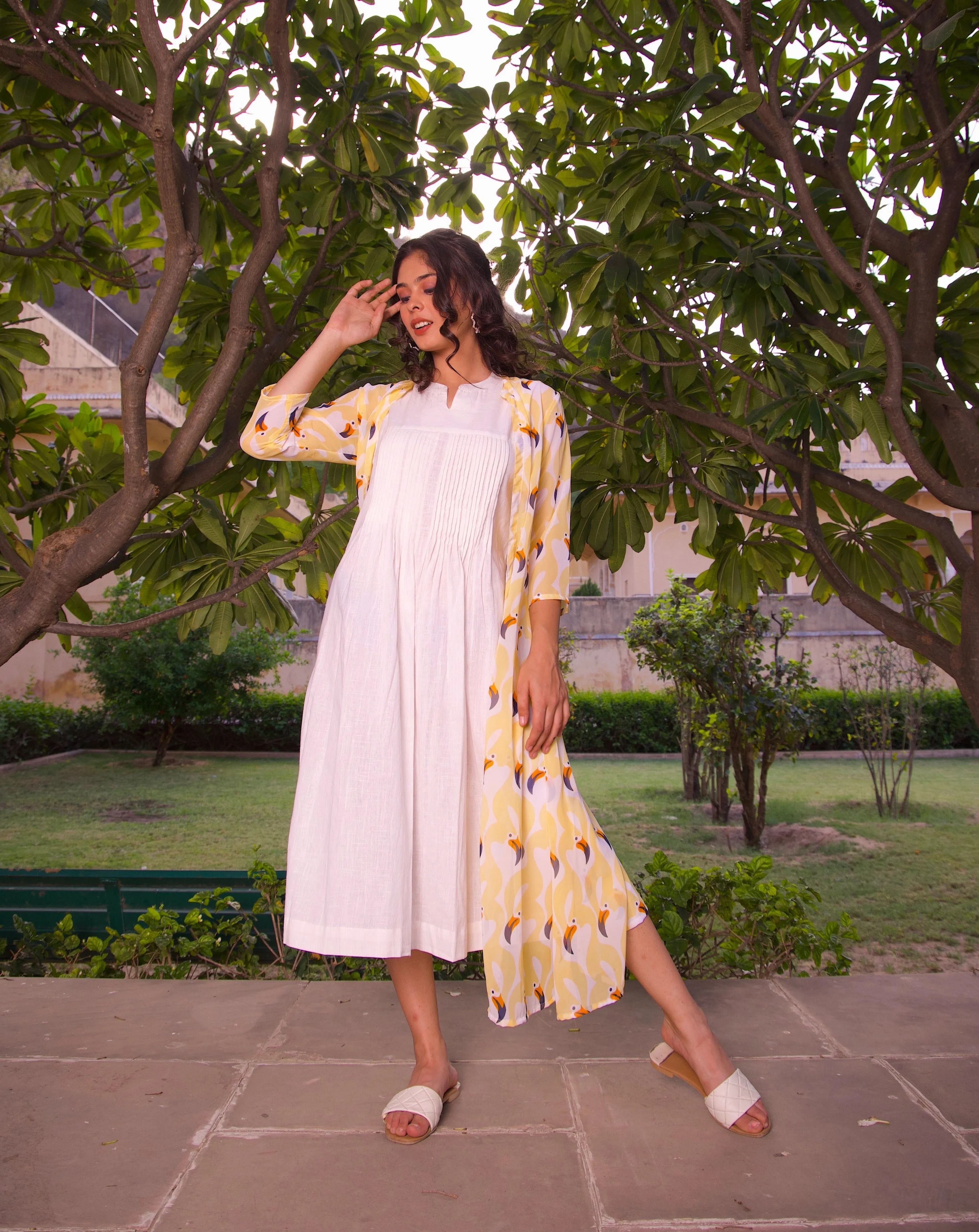 Yellow Printed Jacket And Maxi Dress