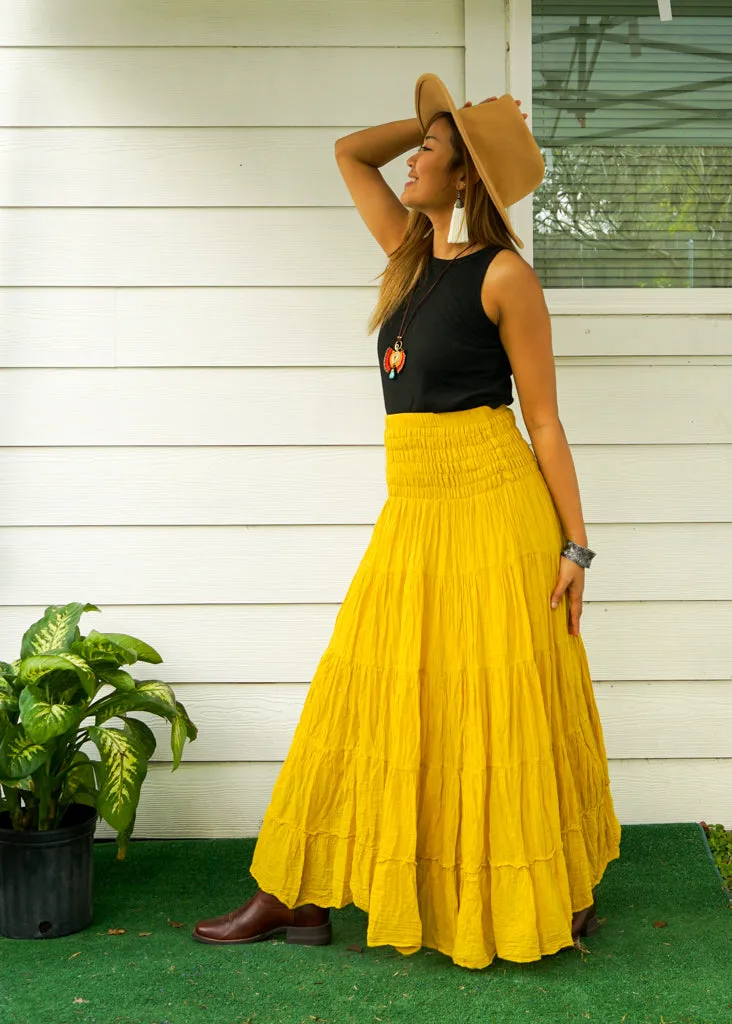 Yellow Raw Crinkled Organic Cotton Gauze Tiered Maxi Skirt