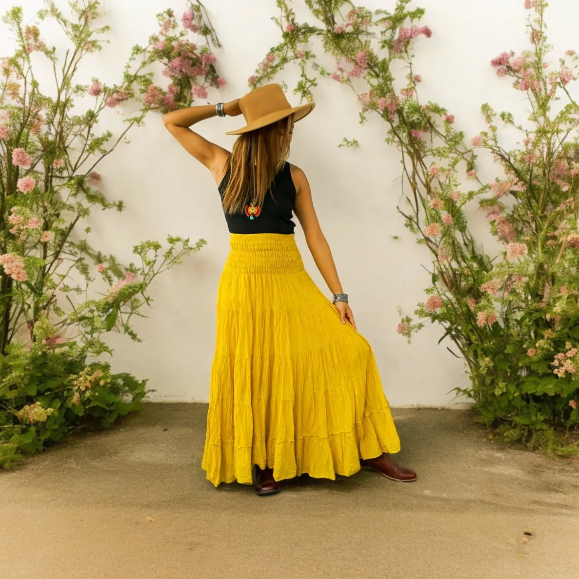 Yellow Raw Crinkled Organic Cotton Gauze Tiered Maxi Skirt